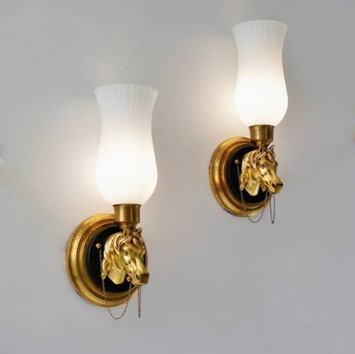 Vintage horse sconces/wall lights, Maison Charles, gilt bronze, 1970`s ca, French